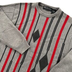 VTG 90s Tuscan Merino Wool Sweater Men Large Gray Red Geometric Italian Retro
